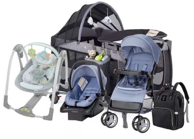 Baby Boy Combo Travel System Set Stroller With Car Seat Playard Diaper Bag Swing
