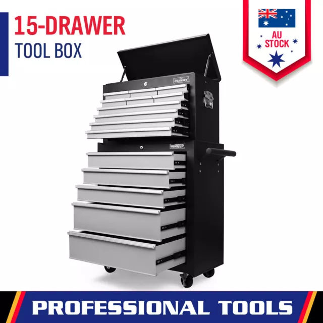 Grey 15 Drawer Tool Box Trolley Cabinet Storage Cart Garage Toolbox Organiser
