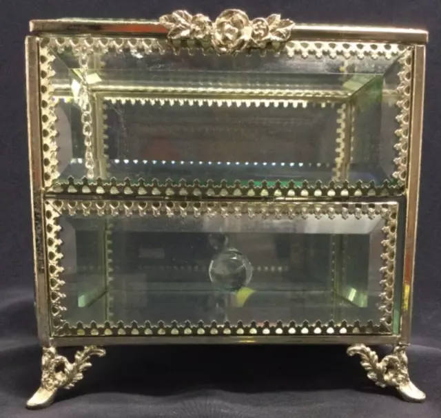 Mirrored Glass Jewellery Trinket Storage Box With Drawers Lid & Feet 14cm x 15cm