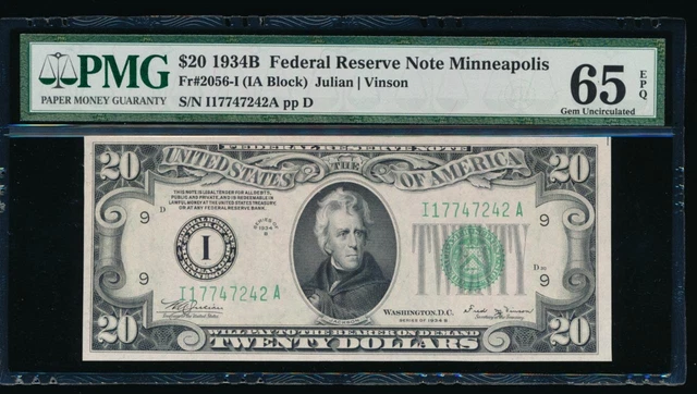AC 1934B $20 Minneapolis FRN PMG 65 EPQ Fr 2056-I gem uncirculated