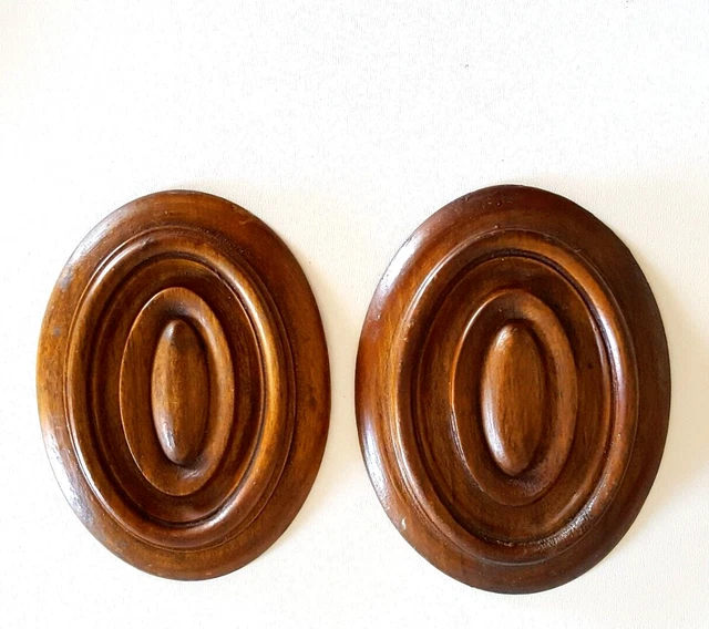 2 Antique wood oval rosace mounts applique Architectural salvage Wood carving 3