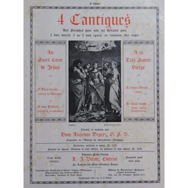 DEPREZ Dom Anselme 4 Cantiques Chant Orgue 1910
