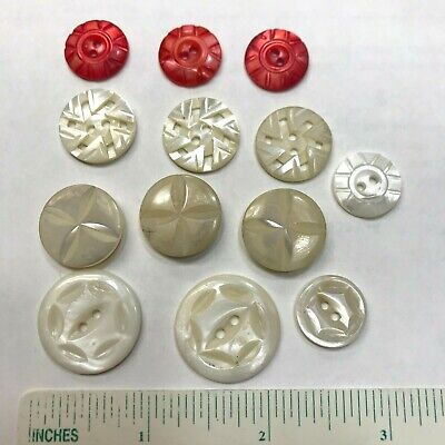 Carved Shells Button Vintage 1930s Estate Lot of 13 MOP Pearl White Dyed Pink