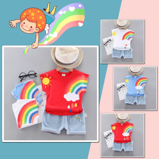 T-shirt top con stampa arcobaleno vignette neonate bambine + pantaloncini abiti estivi