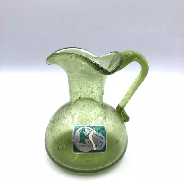 Vintage Mini Pitcher 5" Hand Blown Green Crackle Jamestown Virginia Glass