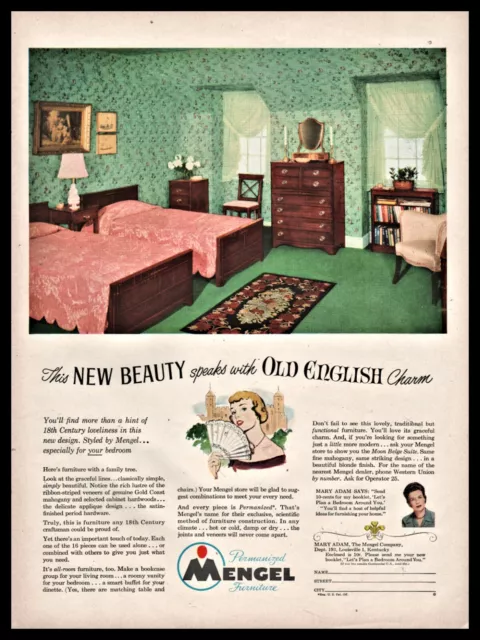1949 MENGEL Old English 18th Century Design Bedroom Furniture Vintage Photo AD