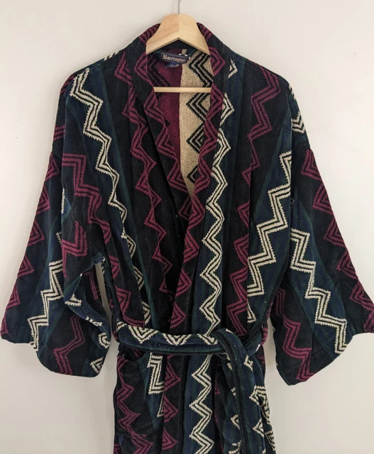 Vintage 90s Mens Robe Turkish Towel Cotton Bathrobe Dressing Gown Geometric OS