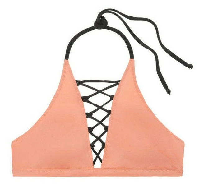 Nwt Victorias Secret PINK Bronzer Lace Up Cage High Neck Halter Bikini Top S