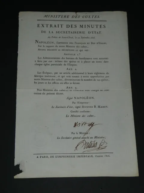 Joseph-Marie Portalis - Imprimé signé du ministère des cultes de Napoléon - 1806
