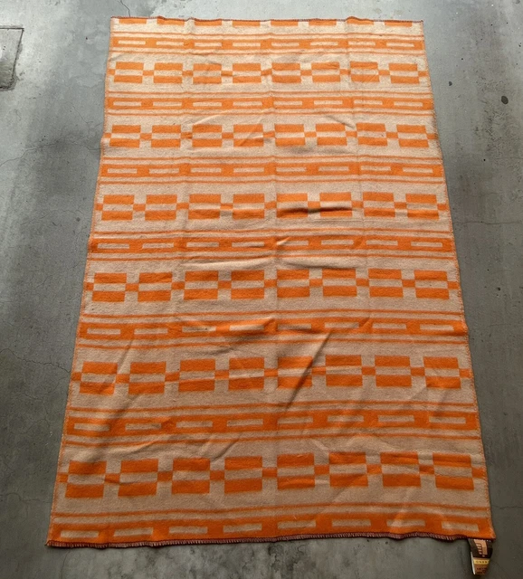 Vintage Polish Military Wool Blanket Orange Lubsko Old Stock Tags Pattern