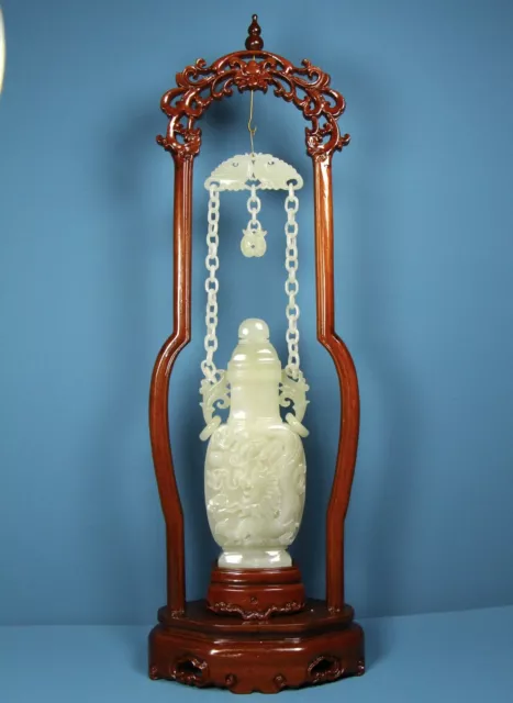 Chinese Exquisite Handmade Inlaid Hetian Jade Chain Bottle Dragon Phoenix