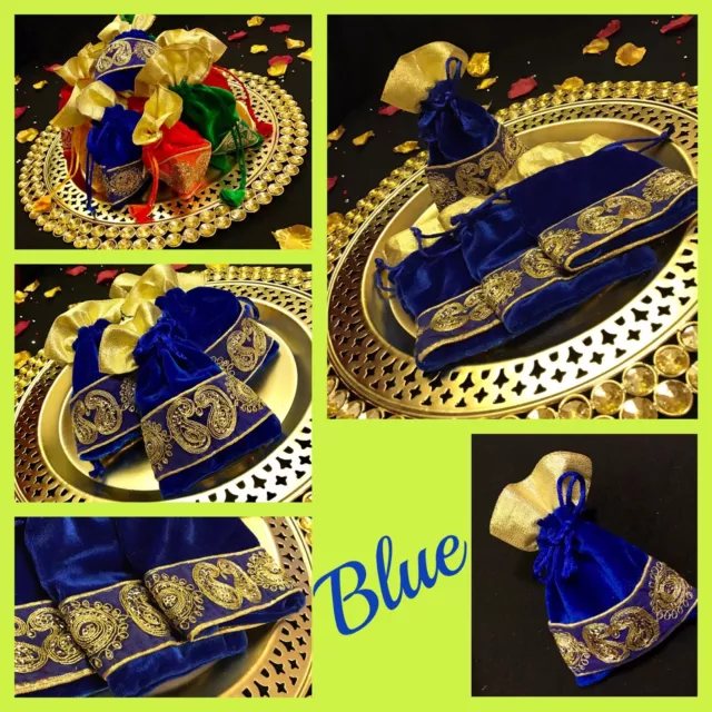 Blue Drawstring Pouch Velvet Gold Trim Pouch Wedding Jewellery Gift Bag 16/11cm