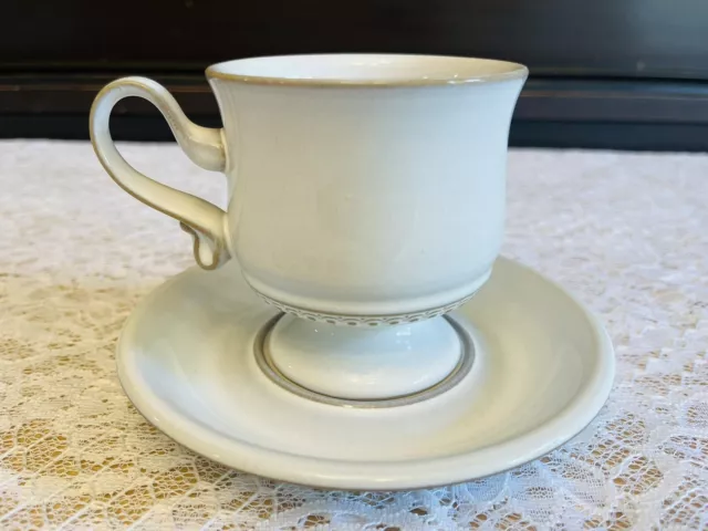 Denby Langley Alsace Teacup & Saucer White Stoneware Embossed Circle Decoration Denby Langley Alsace Teacup & Saucer White Stoneware Embossed Circle Decoration
