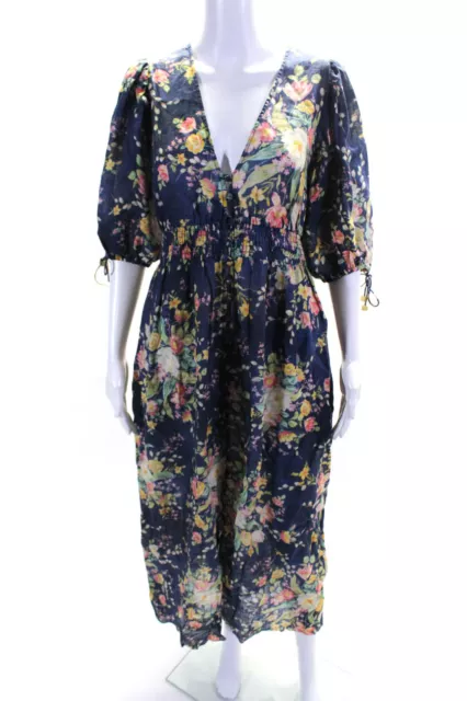 Zimmermann Womens Blue Linen Floral V-Neck Puff Short Sleeve Maxi Dress Size 1