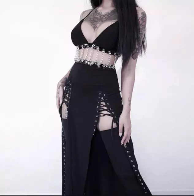 Womens 2022 Gothic Sexy Deep V Metal Chain Eyelets Slit Open Back Long Dress b52