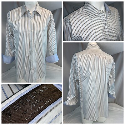 J Hilburn Bespoke Shirt 16.5 32 White Blue Stripe Flip Cuff Cotton YGI C0-180