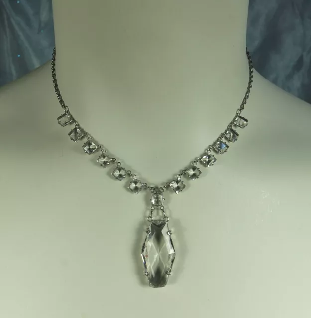 ART DECO Era Necklace 1930s OPEN Back Prong Set  Crystals 14.5" Choker Rhodium