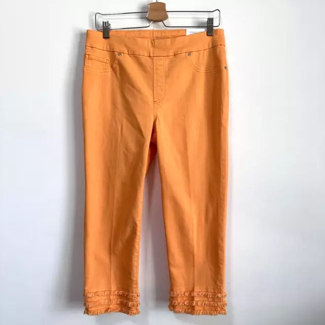 Chicos Pull On Capri Jeans 1 Size 8 Fringe Hem Summer Boho Mango Ice Orange NEW