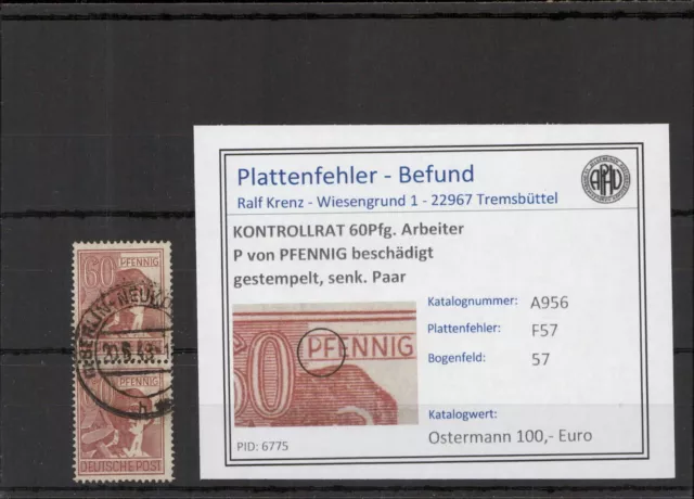 KONTROLLRAT 1946 PLATTENFEHLER Nr A956 F57 gestempelt (221352)