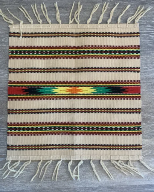 Zapotec Oaxacan  Woven Sand Desert Stripped Tapestry Table Cover 19”x 17” Fringe