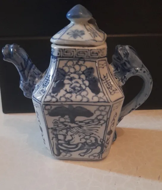 Vintage Chinese Blue And White Miniature Porcelain Dragon Tea Pot