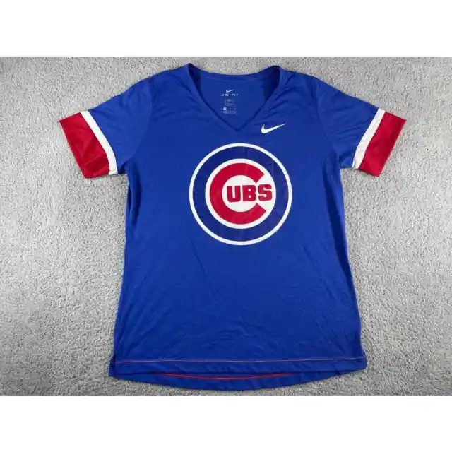 Nike Chicago Cubs Shirt Womens XL Blue Dri Fit Baseball MLB Lightweight V Neck