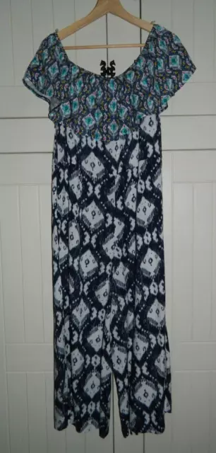 Women's TU Navy Mix Bardot Frill Wide Leg Jumpsuit Size UK 16 - BNWT