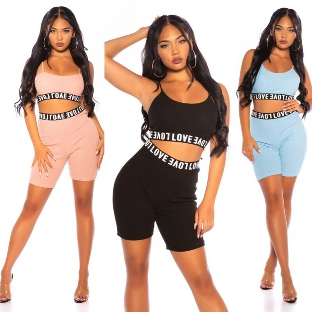 Completo donna set due pezzi sportivo top crop maglia leggins pantacollnt corto