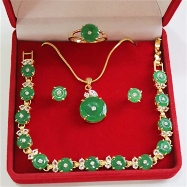 18K Gold Plated Jade Necklace Pendant Earrings Bracelet Ring Jewelry Set Wedding