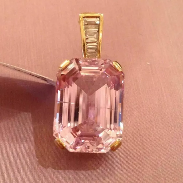 4 Ct Pink Sapphire and Baguette Diamond Pendant In 14k Yellow Gold Plated