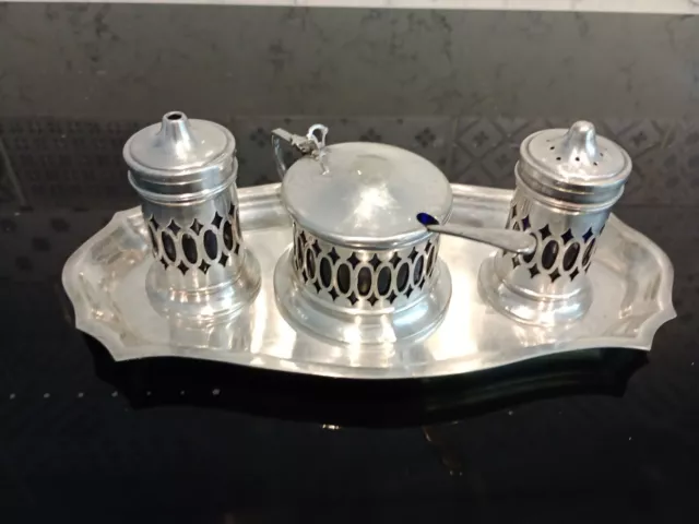 Vintage Silver Plated Cruet Condiment Set Salt Pepper & Mustard on Tray