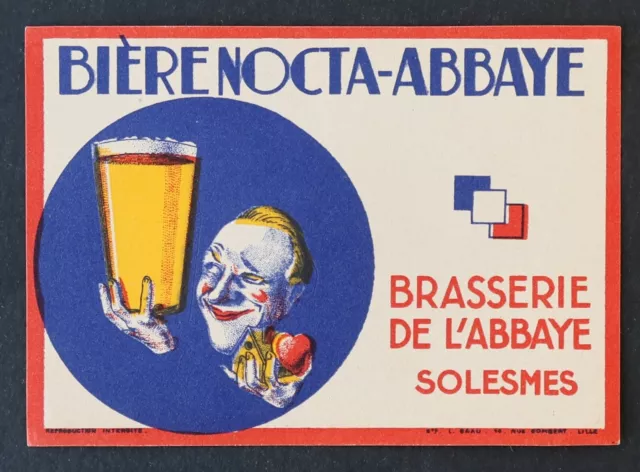 Ancienne étiquette BIERE NOCTA ABBAYE Solesmes CLOWN cirque circus beer label