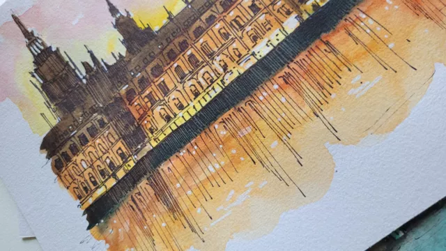 Painting, watercolour, Houses of Parliament, Big Ben, River Thames 2