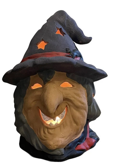 Portavelas luminarias de cerámica pintada a mano negro/naranja aterrador Halloween bruja