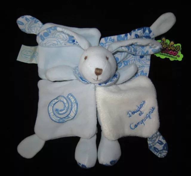 Doudou & Compagnie carré Lapin pantin bleu et blanc Tatoo spirale
