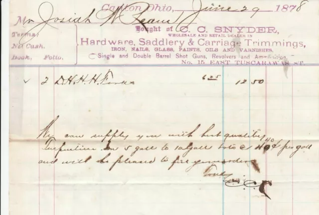 U.S. C.C. Snyder Canton Ohio 1878 Saddlery & Carriage Trimmings Invoice Rf 42735