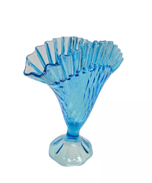 Vintage Vase Blue Ruffled Fan MCM 60s Aqua Glass Fenton