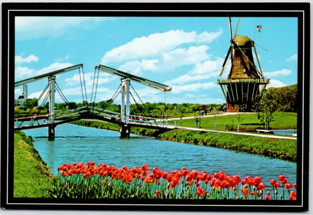 Holland Michigan Draw Bridge Canal Tulips Dutch DeZwaan Windmill USA MI Postcard