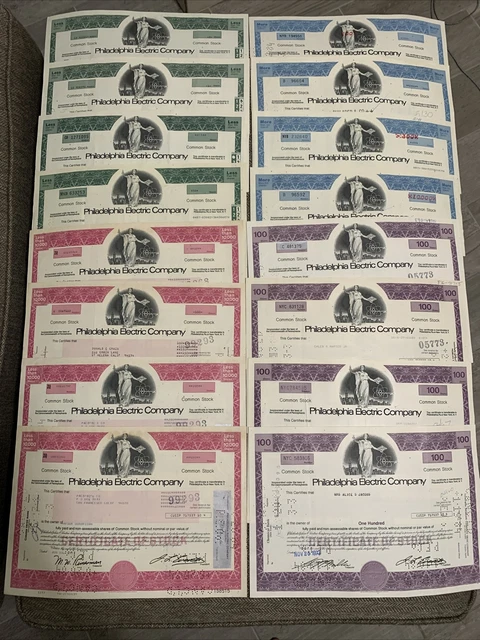(Lot of 16) Philadelphia Electric Company Stock Certificate- 4 Different Colors