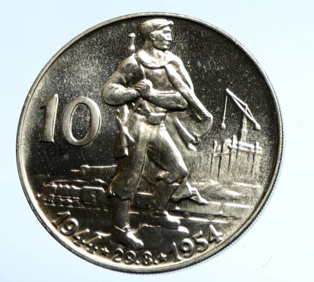1954 CZECHOSLOVAKIA Partisan Soldier SLOVAK UPRISING Silver 10 Kor Coin i102968