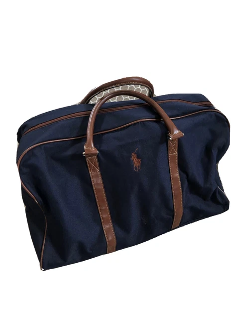 Mens POLO Ralph Lauren Blue with Brown Straps Carryon Weekender Duffle Bag