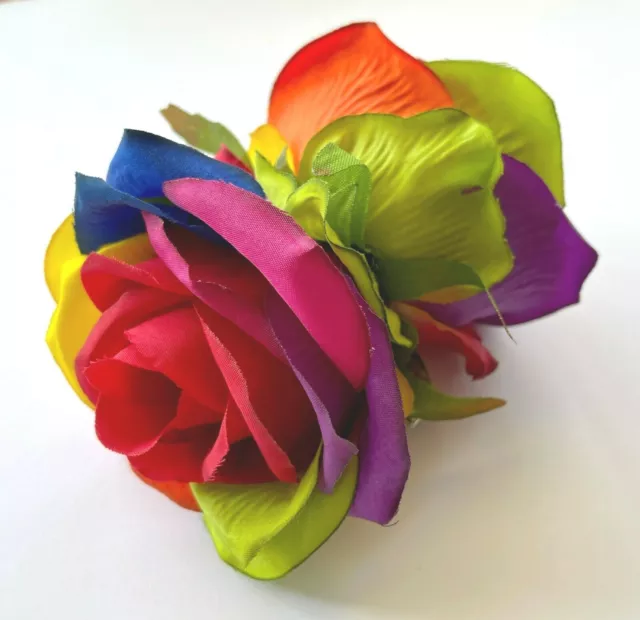 Clip de cabello con flores artificiales de seda doble rosa multicolor arco iris de 4,25