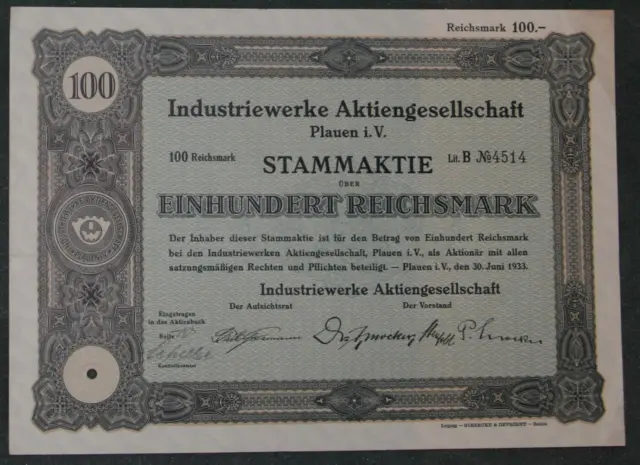 Industriewerke Aktiengesellschaft Plauen i. V. 1933 100 RM