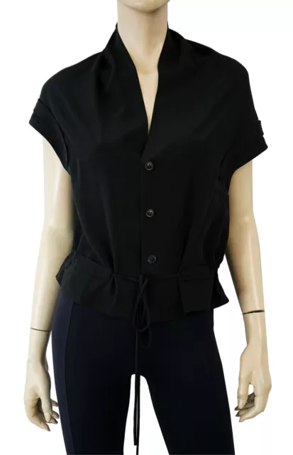 YOHJI YAMAMOTO Cap Sleeve Black Silk Drawstring Blouse Sz 1 M