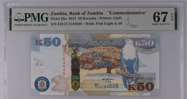 Zambia 50 Kwacha 2014 P 55 a 50th Comm. Superb Gem PMG 67 EPQ Top Pop