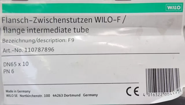 WILO Flansch Zwischenstutzen Wilo-F Flange Intermediate Tube F9 DN65 x 10 PN6 2