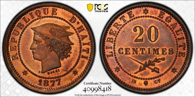 1877-IB CT Haiti 20 Centimes Essai Pattern PCGS SP65RB Lot#G4331 Gem BU! KM#Pn75