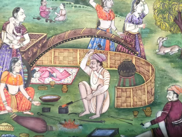 Indian Village Scene Painting Handmade Miniature Artwork On Old Paper 3