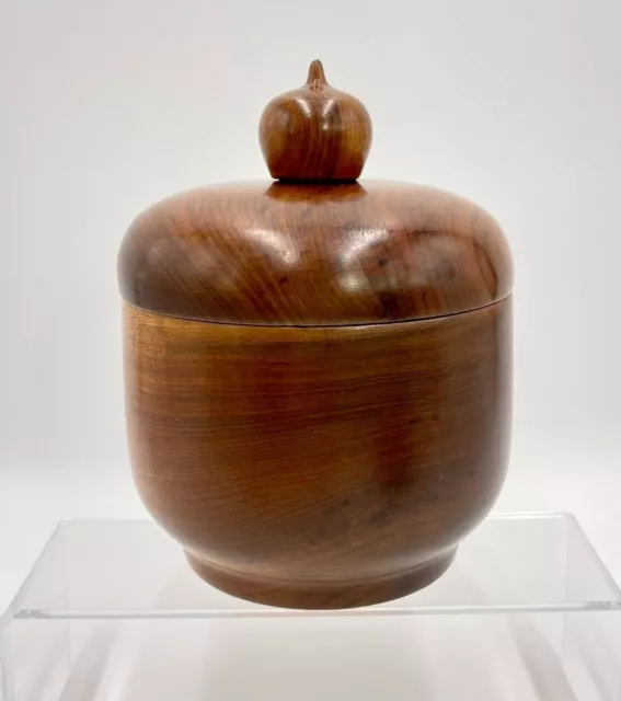 Hand-Turned Lidded Wooden Trinket Storage Jar Box w/ Acorn Shaped Knob 7"H