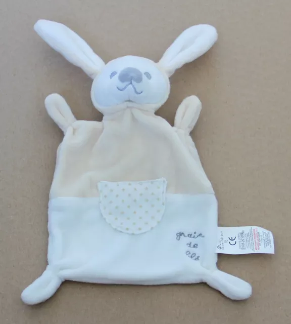 Doudou Plat Lapin Blanc Beige Poche  Étoile Grain De Blé Etat  Neuf